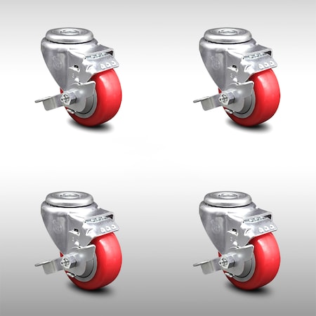 Service Caster 3 Inch SS Red Polyurethane Wheel Swivel Bolt Hole Caster Set with Brake SCC SCC-SSBH20S314-PPUB-RED-TLB-4